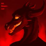  anthro artdemonslair demon dragon fire glowing glowing_eyes glowing_mouth horn humanoid looking_at_viewer male red_background scalie simple_background solo spikes text 