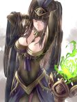  1girl absurdres arms_up ass_visible_through_thighs black_hair bodystocking breasts circlet clear_glass_(mildmild1311) cleavage collarbone feathers fire_emblem fire_emblem_awakening fire_emblem_heroes highres large_breasts looking_at_viewer official_alternate_costume panties purple_eyes purple_panties solo tharja_(fire_emblem) underwear 