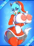  absurd_res aceymari anthro areola big_areola big_breasts big_nipples blue_eyes blue_hair breasts canid canine canis christmas christmas_clothing clothing domestic_dog female hair hanul hi_res holidays huge_breasts looking_at_viewer mammal nipples solo tagme wide_hips 
