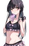  1girl asashin_(asn) bangs bikini black_bikini black_hair blunt_bangs blush breasts cellphone cleavage collarbone eyebrows_visible_through_hair finger_heart frilled_bikini frills groin highres holding holding_phone idolmaster idolmaster_shiny_colors looking_at_viewer mayuzumi_fuyuko medium_breasts navel phone simple_background smile solo swimsuit two_side_up upper_body white_background yellow_eyes 