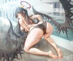  1girl all_fours ass bangs barefoot bikini black_bikini black_hair blue_archive blunt_bangs blush breasts closed_mouth feet full_body halo highres large_breasts long_hair looking_at_viewer muloli outdoors pool red_eyes soles solo swimsuit thighs toes tsurugi_(blue_archive) wings 