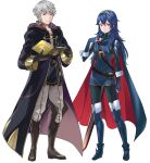  1boy ameno_(a_meno0) armor armored_boots bangs belt blue_eyes blue_footwear blue_gloves blue_hair blue_sweater book boots brown_belt brown_eyes cape closed_mouth coat falchion_(fire_emblem) fingerless_gloves fire_emblem fire_emblem_awakening full_body gloves grey_hair hand_on_own_chest lips long_hair long_sleeves looking_at_viewer lucina_(fire_emblem) pink_lips red_cape ribbed_sweater robin_(fire_emblem) robin_(fire_emblem)_(male) short_hair shoulder_armor simple_background smile sweater sword tiara turtleneck turtleneck_sweater two-tone_cape weapon white_background 