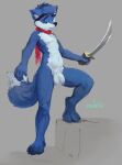  anthro balls biped black_eyebrows black_nose blue_body blue_ears blue_fur blue_hair blue_tail canid canine canis dipstick_tail eyebrows flaccid foreskin front_view fur genitals grey_background hair hi_res holding_object holding_sword holding_weapon humanoid_genitalia humanoid_penis inner_ear_fluff looking_at_viewer male mammal markings melee_weapon narrowed_eyes navel oselotti penis plantigrade pubes red_scarf scarf short_hair signature simple_background solo standing sword tail_markings tuft weapon white_balls white_body white_fur white_inner_ear_fluff white_penis white_pubes white_tail wolf 