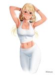  1girl armpits arms_up bangs blonde_hair blush bracelet breasts chinetsu15 cleavage collarbone curvy eyebrows_visible_through_hair green_eyes gym_pants gym_shirt hands_on_own_head highres idolmaster idolmaster_shiny_colors izumi_mei jewelry lips looking_at_viewer medium_breasts midriff navel pants shirt signature simple_background smile steam sweat tank_top teeth twintails white_background white_pants white_tank_top wristband 