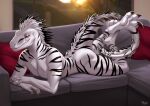  anthro butt claws digital_media_(artwork) dinosaur dromaeosaurid feathers furniture looking_at_viewer lying maaia male nude paws pillow reptile scales scalie sofa solo striped_body stripes theropod 