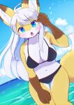  2021 4_fingers absurd_res ahoge anthro bikini blue_eyes breasts brown_body brown_fur canid canine chromatic_aberration cleavage clothed clothing cloud day dipstick_ears dipstick_tail female fingers fox fur gloves_(marking) hair hi_res inner_ear_fluff kemono kemoribbon long_hair looking_at_viewer mammal markings multicolored_body multicolored_ears multicolored_fur multicolored_tail navel open_mouth outside portrait sea sky solo swimwear tail_markings three-quarter_portrait tuft water white_body white_fur white_hair yellow_body yellow_fur 