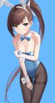  1girl 3: animal_ears bare_arms bare_shoulders black_survival blue_background blue_leotard bow bowtie breasts brown_hair brown_legwear cleavage closed_mouth cowboy_shot detached_collar eternal_return:_black_survival fake_animal_ears fiora_pellerin frown green_eyes hair_ribbon hairband highleg highleg_leotard highres leotard long_hair looking_at_viewer medium_breasts minn_(kangjm1107) pantyhose playboy_bunny ponytail rabbit_ears ribbon simple_background solo standing strapless strapless_leotard sweatdrop thighband_pantyhose v-shaped_eyebrows very_long_hair wrist_cuffs 