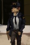  anon2000000 anthro canid canine canis clothing domestic_dog female glowie hat headgear headwear hi_res holster looking_at_viewer mammal martha_lorraine martha_speaks necktie painting_(artwork) police police_uniform snow solo traditional_media_(artwork) uniform 