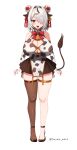  1girl animal_ears animal_print ankle_strap arms_at_sides bangs bare_shoulders bell black_hair black_legwear black_skirt blush bow bowtie breasts bridal_gauntlets button_gap cleavage cow_ears cow_girl cow_horns cow_print cow_tail cowbell curvy double_bun dress ear_piercing eyebrows_behind_hair fangs fishnet_legwear fishnets full_body grey_hair hair_intakes hair_ornament hair_over_one_eye hair_ribbon hairclip high_heels horns huge_breasts indie_virtual_youtuber long_bangs marota marota_(vtuber) medium_hair miniskirt multicolored_hair neck_bell numbered open_mouth original panties panty_straps piercing pleated_skirt red_bow red_bowtie red_eyes ribbon side-tie_panties simple_background single_thighhigh skindentation skirt smile solo standing straight-on streaked_hair swept_bangs tachi-e tail tassel taut_clothes taut_dress thigh_strap thighhighs tsurime twitter_username underwear virtual_youtuber white_background wide_hips zettai_ryouiki 