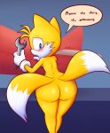  anthro biffalo big_butt black_nose blue_eyes blush butt canid canine clothing english_text fox fur girly gloves handwear hi_res looking_back male mammal miles_prower multi_tail rear_view sega solo sonic_the_hedgehog_(series) text white_body white_fur wide_hips yellow_body yellow_fur 