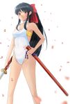  1girl alternate_costume bangs bare_arms bare_legs black_hair blurry blurry_foreground blush bow breasts brown_eyes casual_one-piece_swimsuit cherry_blossoms choker closed_mouth collarbone hair_bow highleg highleg_swimsuit highres holding holding_sheath holding_sword holding_weapon katana long_hair looking_at_viewer one-piece_swimsuit ponytail red_bow sakura_taisen sheath shinguuji_sakura shiny shiny_hair sidelocks simple_background small_breasts smile solo standing swimsuit sword unsheathed very_long_hair weapon white_background white_choker white_swimsuit yoo_tenchi 