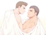  2boys bara black_hair brown_hair chris_redfield closed_mouth couple facial_hair highres komatta_(jammochi) large_pectorals looking_at_another male_focus multiple_boys muscular muscular_male nude parted_lips pectorals piers_nivans resident_evil resident_evil_6 short_hair sideburns under_covers yaoi 