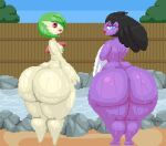  big_butt black_hair blue_eyes breasts butt digital_media_(artwork) duo female gardevoir gothitelle green_hair green_nipples hair hi_res huge_butt huge_hips huge_thighs humanoid looking_at_viewer looking_back nintendo nipples nude open_mouth pixel_(artwork) pok&eacute;mon pok&eacute;mon_(species) red_eyes spinneborg thick_thighs towel video_games water wet wet_body wide_hips 