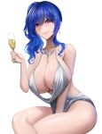  1girl absurdres azur_lane backless_dress backless_outfit blanco2k1 blue_hair breasts champagne_flute cup dress drinking_glass earrings evening_gown eyebrows_visible_through_hair hair_ornament halter_dress halterneck highres huge_breasts jewelry looking_at_viewer necklace official_alternate_costume pink_eyes plunging_neckline revealing_clothes shiny shiny_skin silver_dress simple_background sleeveless sleeveless_dress solo st._louis_(azur_lane) st._louis_(luxurious_wheels)_(azur_lane) white_background 