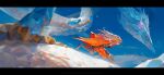  1boy blue_sky boots closed_mouth cloud dragon highres letterboxed light_dragon_(zelda) link long_hair looking_ahead male_focus octahooves outdoors pointy_ears running sky the_legend_of_zelda the_legend_of_zelda:_tears_of_the_kingdom wide_shot 