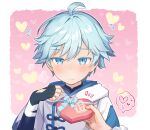  2boys ^_^ antenna_hair bangs blue_eyes blue_hair blush box box_of_chocolates chinese_clothes chongyun_(genshin_impact) closed_eyes closed_mouth eyebrows_visible_through_hair fingerless_gloves frilled_sleeves frills genshin_impact gift gift_box giving gloves hair_between_eyes happy_valentine heart heart-shaped_box konmamion looking_at_another looking_at_viewer male_focus multiple_boys pink_background spoken_heart translated xingqiu_(genshin_impact) 