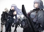  4girls ak-12 ak-12_(girls&#039;_frontline) ak-15 ak-15_(girls&#039;_frontline) ammunition_belt an-94 an-94_(girls&#039;_frontline) aqua_eyes assault_rifle bangs black_cape black_gloves black_pants blonde_hair bodysuit braid breasts cape closed_eyes closed_mouth commentary defy_(girls&#039;_frontline) eyebrows_visible_through_hair feet_out_of_frame girls&#039;_frontline gloves grey_hair gun hair_ornament hairclip hand_in_own_hair highres holding holding_gun holding_weapon jacket kalashnikov_rifle large_breasts long_hair looking_away machine_gun mask mask_around_neck medium_breasts megane_jigoku multiple_girls navel pants purple_eyes rifle rpk-16 rpk-16_(girls&#039;_frontline) short_hair shorts standing tactical_clothes weapon white_background white_jacket white_shorts 