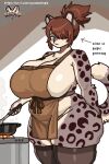 anthro apron apron_only artist_name breasts clothing colored cooking cyrusdastupid detailed digital_drawing_(artwork) digital_media_(artwork) english_text felid female female_anthro female_penetrated fire hair legwear looking_at_viewer low_res mammal mature_anthro mature_female pan pantherine penetration pose shaded signature snow_leopard solo tail text thigh_highs tied_hair