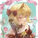  1girl alternate_costume artist_request bang_dream! bang_dream!_it's_mygo!!!!! bare_shoulders bead_necklace beads blonde_hair blue_background bow brown_gloves chinese_commentary choker closed_mouth commentary_request commission corded_phone cup flower frilled_choker frills gloves hair_between_eyes hair_bow hand_up highres holding holding_phone jewelry looking_at_viewer medium_hair misumi_uika necklace phone pink_flower pink_ribbon purple_eyes red_bow ribbon rose second-party_source solo teacup tulip upper_body yellow_flower yellow_rose 