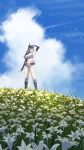 1girl absurdres arm_up armored_boots bandaged_leg bandaged_waist bandages bird blue_sky boots breasts cloak cloud commentary commission crop_top crotch_plate day field flower flower_field full_body goddess_of_victory:_nikke hair_between_eyes head-mounted_display highres holding holding_flower kimright0 large_breasts lily_(flower) long_hair mechanical_arms midriff navel official_alternate_costume official_alternate_design outdoors parted_lips pilgrim_symbol_(nikke) scar scar_on_thighs shirt sidelocks skindentation sky sleeveless sleeveless_shirt snow_white_(heavy_arms)_(nikke) snow_white_(nikke) solo standing torn_cloak torn_clothes white_cloak white_flower white_hair white_shirt yellow_eyes 