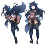  1girl absurdres ahoge animal_ears argyle_clothes argyle_shirt argyle_thighhighs ass black_hair black_shrug bodystocking bodysuit cameltoe checkered_thighhighs cleft_of_venus commentary_request covered_clitoris covered_navel covered_nipples detached_pants erect_clitoris from_behind hands_on_own_hips highres impossible_bodysuit impossible_clothes impossible_leotard leotard long_hair multiple_views niko_(tama) original pussy shrug_(clothing) skin_tight smile solo svartlilja_(vrchat) tail vrchat white_background wolf_ears wolf_girl wolf_tail 