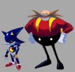 2boys bald classic_eggman clenched_hands commentary dr._eggman english_commentary facial_hair fishen glasses gloves grey_background grin hands_on_own_hips male_focus metal_sonic multiple_boys mustache robot simple_background smile sonic_(series) sonic_the_hedgehog_(classic) white_gloves 