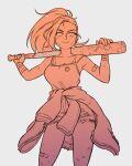  1girl artist_name bandaged_wrist bandages bandaid bandaid_on_arm bandaid_on_leg baseball_bat boku_no_hero_academia breasts chocorut cleavage closed_mouth clothes_around_waist collarbone commentary cowboy_shot english_commentary eyelashes grey_background highres holding holding_baseball_bat long_hair monochrome ponytail simple_background smile solo tank_top yaoyorozu_momo 