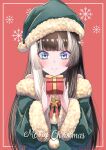  1girl absurdres black_hair blue_eyes blush bow closed_mouth commentary english_commentary gift green_hat hat highres hololive hololive_dev_is inset_border juufuutei_raden long_hair long_sleeves looking_at_viewer merry_christmas mixed-language_commentary multicolored_hair off_shoulder red_bow santa_hat snowflake_background solo suzuka_(suzukawu) two-tone_hair upper_body virtual_youtuber white_hair 