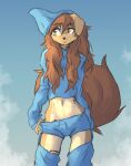  anthro apogee_(tinygaypirate) baggy_clothing black_nose blue_background bottomwear brown_body brown_eyes brown_fur brown_hair canid canine canis cheek_tuft clothed clothing curled_tail domestic_dog eyebrow_through_hair eyebrows facial_markings facial_piercing facial_tuft female floppy_ears fur furgonomics furry-specific_piercing hair head_markings hi_res hoodie leg_warmers legwear long_hair looking_aside mammal markings messy_hair midriff muzzle_piercing navel no_underwear nose_piercing piercing portrait shorts simple_background slim solo spitz standing three-quarter_portrait tinygaypirate topwear translucent translucent_hair tuft 
