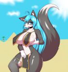 anthro big_breasts blue_eyes blue_hair blush breast_grab breasts canid canine canis clothed clothing domestic_dog female fur hair hand_on_breast hanul hi_res long_hair lranshin mammal multicolored_body multicolored_fur nude open_mouth outside pyramid revealing_clothes skimpy solo tagme two_tone_body two_tone_fur 