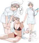  1girl absurdres alternate_costume antenna_hair bra breasts clipboard closed_mouth commentary dress green_eyes grey_hair hat highres holding holding_clipboard kantai_collection kinugasa_(kancolle) leaning_forward medium_breasts multiple_views nurse nurse_cap ojipon open_mouth panties pantyhose simple_background sitting speech_bubble stethoscope stethoscope_around_neck symbol-only_commentary thighhighs translation_request twitter_username underwear white_dress white_hat white_pantyhose white_thighhighs 