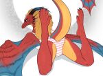 2026 5_toes anthro biped black_claws black_horn black_sclera black_spikes blonde_hair blue_eyes blue_frill blue_horn blue_markings blue_membrane blue_spikes blue_tail blue_wings breasts butt calves_up camel_toe claws closed_smile clothed clothed_anthro clothed_female clothing countershade_butt countershade_legs countershade_neck countershade_tail countershade_torso countershading curved_horn digital_drawing_(artwork) digital_media_(artwork) dragon eztli_(user_55) feet female female_anthro frill_(anatomy) full-length_portrait gradient_horn gradient_spikes hair head_spikes hi_res horn long_hair long_tail looking_at_viewer looking_back looking_back_at_viewer lying markings membrane_(anatomy) membranous_wings monotone_hair mouth_closed multicolored_body multicolored_frill multicolored_horn multicolored_membrane multicolored_spikes multicolored_tail multicolored_wings mythological_creature mythological_scalie mythology non-mammal_breasts non-mammal_hair on_front pinup portrait pose pupils raised_tail realistic_wings rear_view red_body red_frill red_membrane red_tail red_wings scalie shadow simple_background slit_pupils smile smiling_at_viewer solo spikes spikes_(anatomy) spread_legs spreading tail tail_frill tail_markings the_pose thick_tail three-quarter_view toe_claws toes w4g4 white_background winged_dragon wings yellow_body yellow_countershading yellow_tail