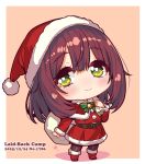  1girl bell belt belt_buckle black_belt blush boots border bow brown_background brown_hair brown_pantyhose buckle capelet chibi closed_mouth colored_shadow commentary_request copyright_name dated dress full_body fur-trimmed_boots fur-trimmed_capelet fur-trimmed_dress fur-trimmed_headwear fur_trim green_bow green_eyes hair_between_eyes hat holding holding_sack jagi_(jagi_souken) looking_at_viewer neck_bell pantyhose red_boots red_capelet red_dress red_hat sack santa_costume santa_hat shadow smile solo standing striped_bow toki_ayano white_border yurucamp 