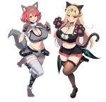  2girls absurdres animal_ears animal_hands black_bra black_skirt black_thighhighs blonde_hair bra breasts cat_ears cat_girl cat_tail chest_jewel cleavage commentary commission english_commentary fake_animal_ears fake_tail gloves grey_bra grey_shorts highres large_breasts long_hair miniskirt multiple_girls mythra_(xenoblade) namu_(112namu) navel paw_gloves pyra_(xenoblade) red_eyes red_hair second-party_source short_hair short_shorts shorts skirt standing standing_on_one_leg tail thighhighs underwear wolf_ears wolf_girl wolf_tail xenoblade_chronicles_(series) xenoblade_chronicles_2 yellow_eyes 