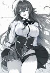  1girl accidental_exposure ahoge ai-generated black_panties bow breasts from_below green_eyes grey_hair greyscale high_school_dxd highres large_breasts long_hair long_sleeves monochrome panties pantyshot rias_gremory school_uniform setsuaiart skirt thighs underwear upskirt white_background 