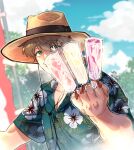  1boy between_fingers blue_sky brown_hair cloud commentary_request day fate/grand_order fate_(series) food green_eyes green_shirt hat hawaiian_shirt hector_(fate) highres holding imoda looking_at_viewer male_focus mature_male pectoral_cleavage pectorals popsicle shirt short_sleeves sky solo straw_hat upper_body 