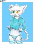  anthro blue_clothing blush bottomless bulge clothed clothing domestic_cat e-why felid feline felis footwear girly hair heterochromia hi_res male mammal mysticat panties presenting simple_background socks solo tongue tongue_out topwear underwear white_hair 