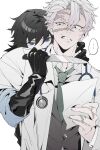  2boys alternate_costume alternate_universe black_eyes black_gloves black_hair blue_eyes buttons doctor gloves green_necktie hand_on_another's_neck hashtag-only_commentary highres holding holding_knife holding_paper kimetsu_no_yaiba kitchen_knife knife lab_coat leather leather_gloves looking_at_another male_focus multiple_boys multiple_scars necktie odelle568197 paper reflection scar scar_on_face scar_on_hand shinazugawa_sanemi short_hair simple_background stethoscope stethoscope_around_neck tomioka_giyuu upper_body vest waistcoat white_background white_hair 