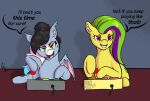  accessory bat_pony controller dialogue duo earth_pony equid equine female feral game_controller hair hair_accessory hair_tie horse intox looking_at_viewer mammal my_little_pony open_mouth pony ponytail smile starskipper 