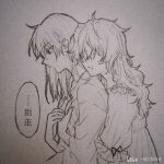  2girls alternate_costume chinese_text commentary dress greyscale hakurei_reimu hitte5416 hug hug_from_behind kirisame_marisa long_sleeves monochrome multiple_girls sleepwear symbol-only_commentary touhou traditional_media translation_request watermark yuri 