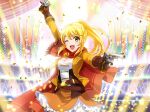  1girl blonde_hair breasts brown_gloves cape cleavage confetti dual_wielding finger_on_trigger game_cg gloves gun hair_ornament holding holding_gun holding_weapon jacket long_hair long_sleeves looking_at_viewer medium_breasts official_art one_eye_closed ootsuki_aruru open_mouth orange_jacket orange_skirt outstretched_arms ponytail red_cape red_scarf revolver scarf shoujo_kageki_revue_starlight shoujo_kageki_revue_starlight_-re_live- skirt solo stage_lights standing star_(symbol) star_hair_ornament trigger_discipline upper_body weapon weapon_request 