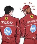  2boys baseball_cap batman_(series) black_hair coquetteleon dc_comics ferrari hat highres jacket jason_todd male_focus multiple_boys muscular muscular_male orange_hair racing_suit red_hood_and_the_outlaws red_racing_suit roy_harper short_hair sketch sponsor white_background 