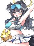  1girl animal_ears black_hair blue_archive blush breasts cheerleader commentary_request dog_ears dog_girl dog_tail goggles goggles_on_head halo hibiki_(blue_archive) hibiki_(cheer_squad)_(blue_archive) highres holding holding_pom_poms long_hair looking_at_viewer millennium_cheerleader_outfit_(blue_archive) official_alternate_costume open_mouth pom_pom_(cheerleading) simple_background skirt solo star_(symbol) star_sticker sticker sticker_on_face tachikaze_miyako tail white_background yellow_halo 