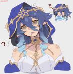  1girl =_= bare_shoulders chibi commentary commission drill_hair drill_sidelocks english_commentary genshin_impact hair_between_eyes halterneck head_tilt highres hood jewelry layla_(genshin_impact) multiple_views neck_ring pointy_ears sidelocks unfamousradish upper_body zzz 
