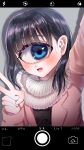  1girl :d arm_up bangs black_hair blazer blue_eyes blush coat cyclops enpera hair_behind_ear highres jacket long_sleeves looking_away mntimccz monster_girl one-eyed original phone_screen scarf selfie smile solo v 