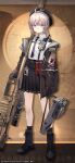  1girl ahoge anti-materiel_rifle bag beret black_bow black_gloves black_hat black_necktie black_skirt black_socks bolt_action bow brown_jacket chest_strap cheyanne_(girls'_frontline_2) cheytac_m200 chinese_commentary collared_shirt commentary_request copyright_notice full_body girls'_frontline girls'_frontline_2:_exilium gloves grey_hair gun hair_between_eyes hat highres holding holding_bag id_card jacket long_hair long_sleeves low_ponytail m200_(girls'_frontline) magazine_(weapon) necktie official_art official_wallpaper open_clothes open_jacket pleated_skirt ponytail rifle shirt sidelocks skirt sniper_rifle socks solo standing walkie-talkie weapon white_shirt zoom_layer 