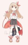  1girl absurdres aida_(aidia) bag black_skirt blonde_hair bow bowtie braid bright_pupils closed_mouth collared_shirt commentary_request dot_nose full_body hair_bow hair_ribbon highres long_hair looking_at_viewer multicolored_hair original pink_background pleated_skirt red_bow red_bowtie red_eyes red_ribbon red_shoes red_streaks ribbon school_bag school_uniform shirt shoes short_sleeves shrimp simple_background single_braid skirt sneakers socks solo standing streaked_hair striped_bow striped_bowtie striped_clothes striped_ribbon white_pupils white_shirt white_socks 