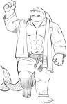  2022 absurd_res anthro biped bottomwear clothing fish hi_res humanoid_hands kamui_shirow kemono male marine muscular muscular_male navel nipples pants pecs shark simple_background solo 