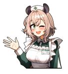  1girl ;d animal_ears apron breasts brown_hair commentary ddolbang dress green_dress green_eyes hair_between_eyes hat highres indie_virtual_youtuber nimi_nightmare nimi_nightmare_(1st_costume) nurse nurse_cap one_eye_closed open_mouth sleeve_slit smile solo tapir_ears tapir_girl transparent_background upper_body virtual_youtuber waving white_apron 