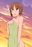  1girl :&lt; aircraft airplane ass bangs blush bob_cut brown_eyes brown_hair cloud collarbone commentary contrail cowboy_shot from_below girls_und_panzer gradient_sky holding holding_towel looking_ahead naked_towel nishizumi_miho nude open_mouth orange_sky outdoors pink_sky raised_eyebrows short_hair sky standing sunset tanaka_rikimaru towel upturned_eyes 